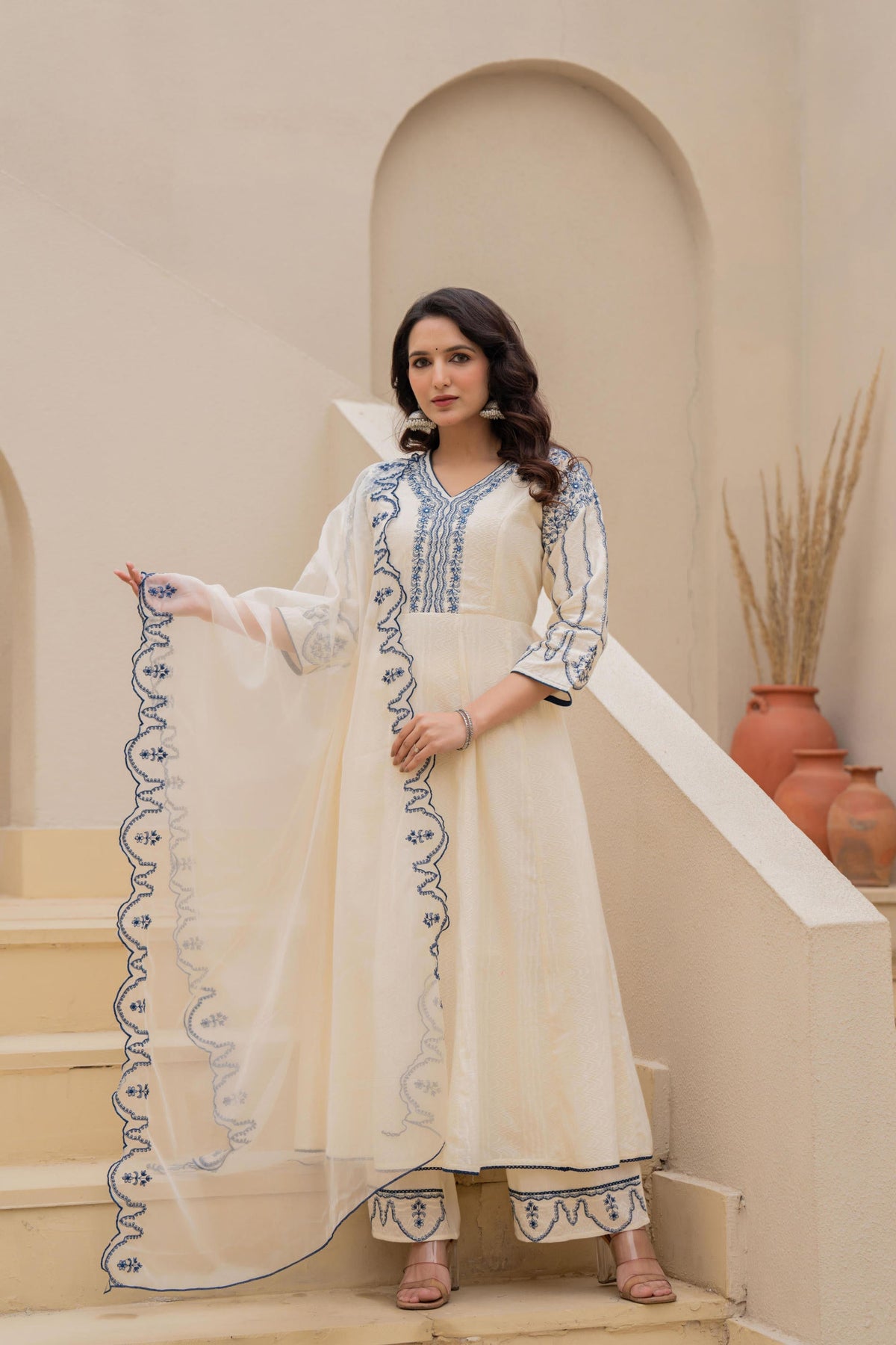 Juniper Off-White Anarkali Kurta Set With Blue Embroidery And Organza Dupatta
