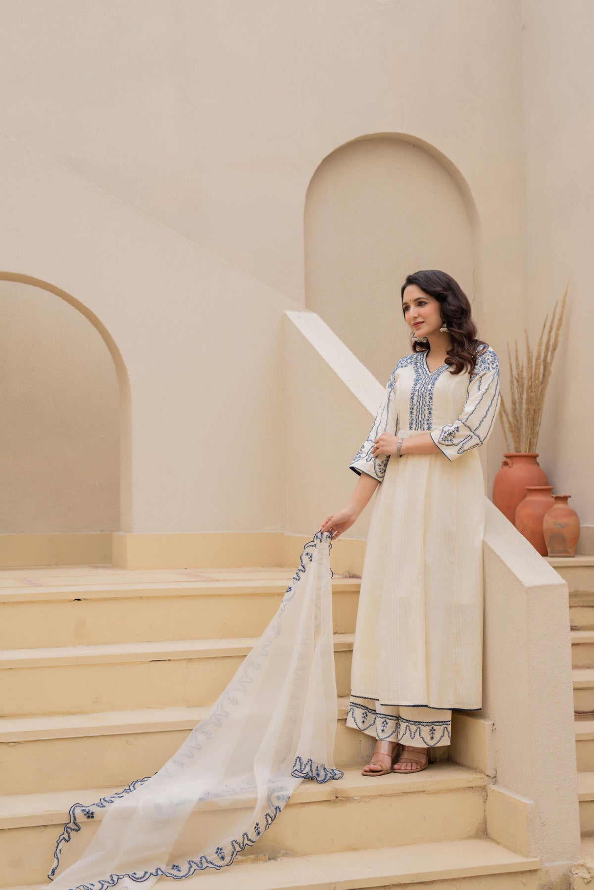 Juniper Off-White Anarkali Kurta Set With Blue Embroidery And Organza Dupatta