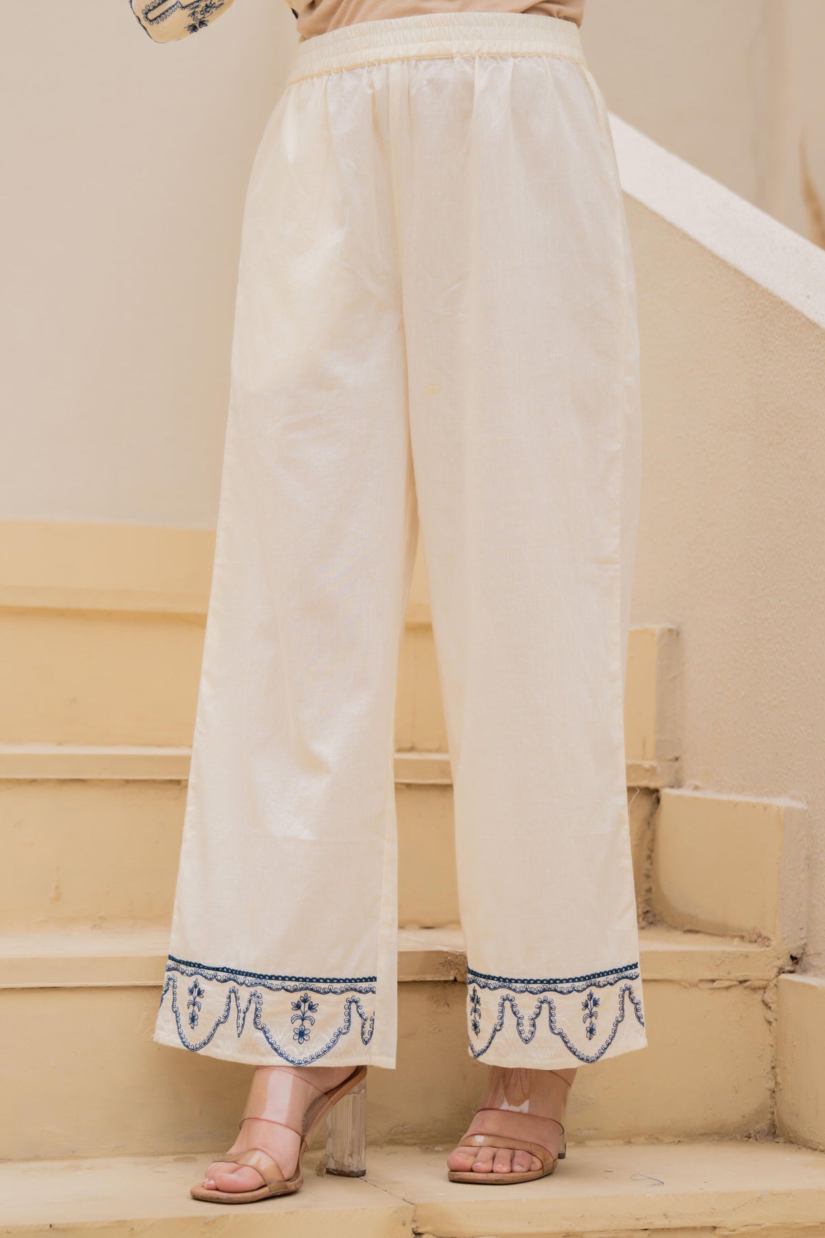 Juniper Off-White Anarkali Kurta Set With Blue Embroidery And Organza Dupatta