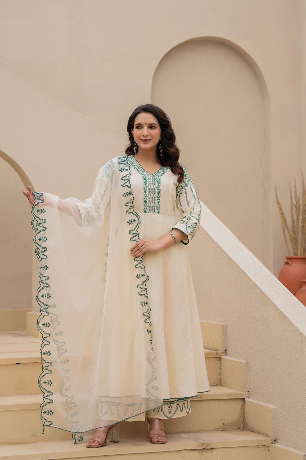 Juniper Off-White Anarkali Kurta Set With Green Embroidery And Organza Dupatta
