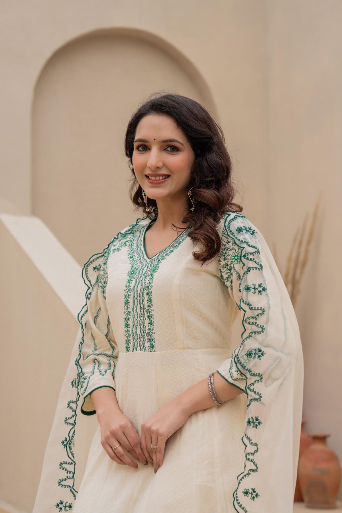 Juniper Off-White Anarkali Kurta Set With Green Embroidery And Organza Dupatta