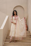 Juniper Off-White Anarkali Kurta Set With Red Embroidery And Organza Dupatta