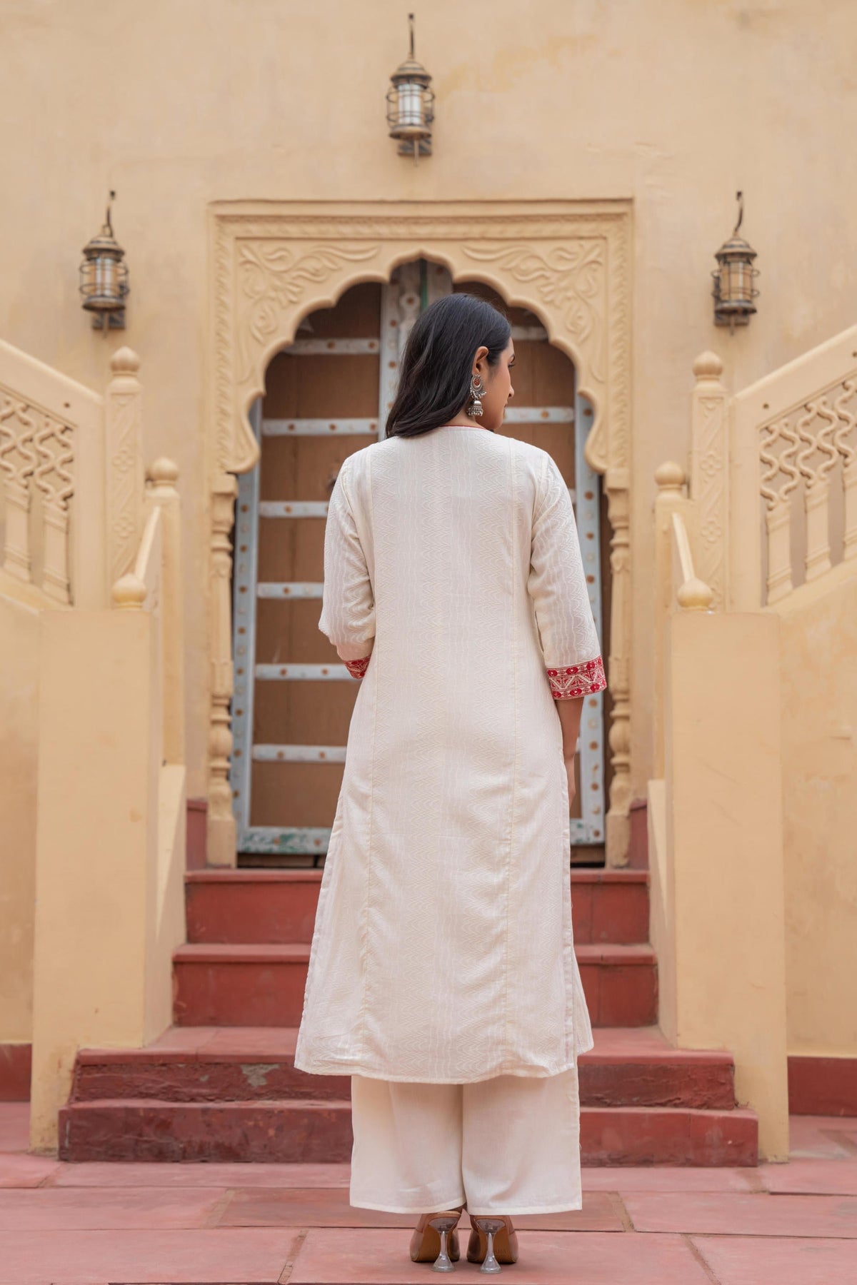 Juniper Off White & Red Solid Cotton Kurta & Pant Set With Dupatta