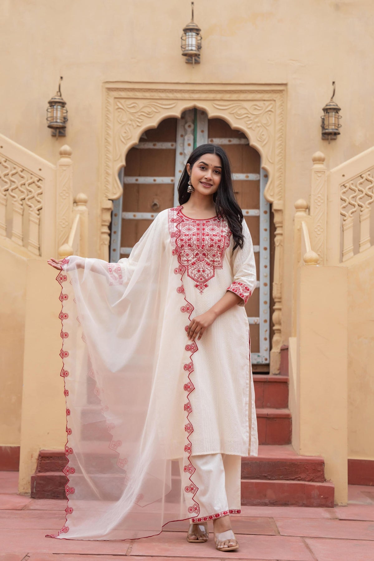 Juniper Off White & Red Solid Cotton Kurta & Pant Set With Dupatta
