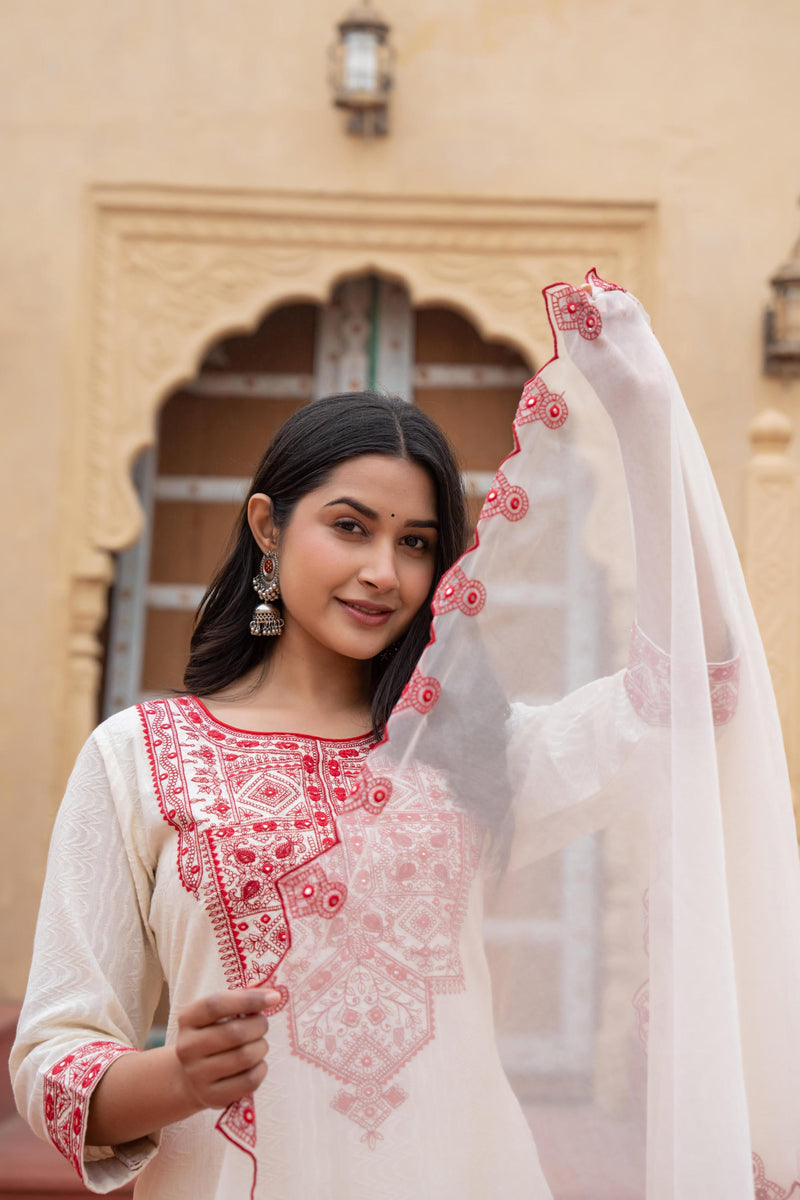 Juniper Off White & Red Solid Cotton Kurta & Pant Set With Dupatta