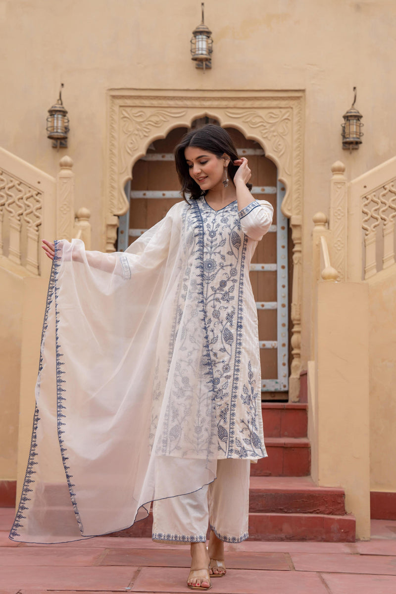 Juniper Off White & Indigo Blue Floral Embroidered Ethnic Suit Set With Dupatta