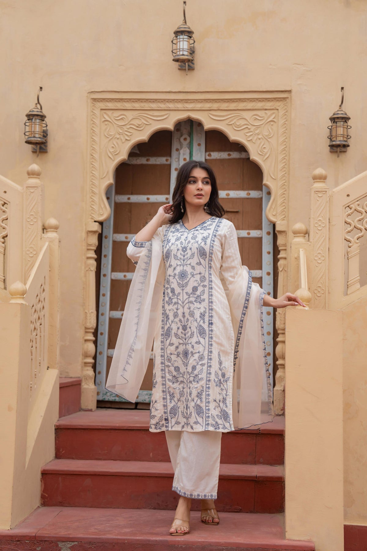 Juniper Off White & Indigo Blue Floral Embroidered Ethnic Suit Set With Dupatta