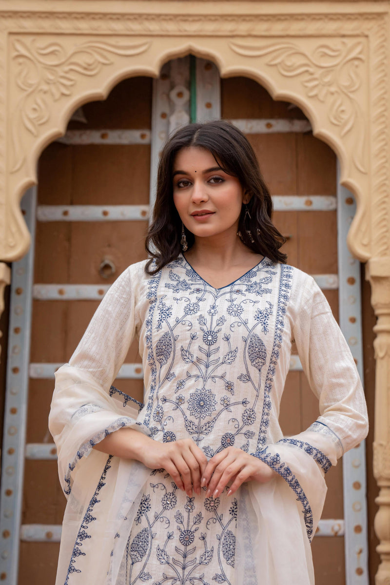 Juniper Off White & Indigo Blue Floral Embroidered Ethnic Suit Set With Dupatta