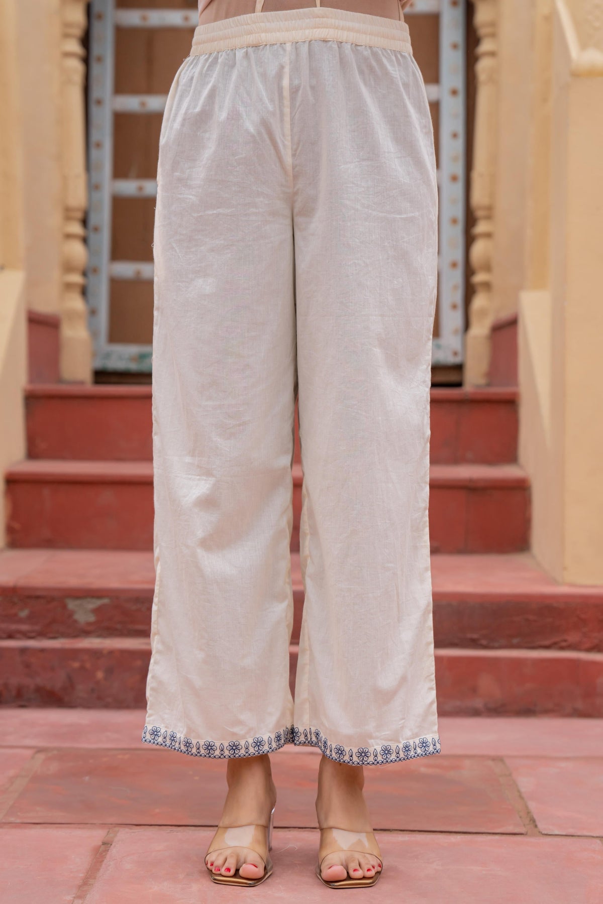 Juniper Off White & Indigo Blue Floral Embroidered Ethnic Suit Set With Dupatta