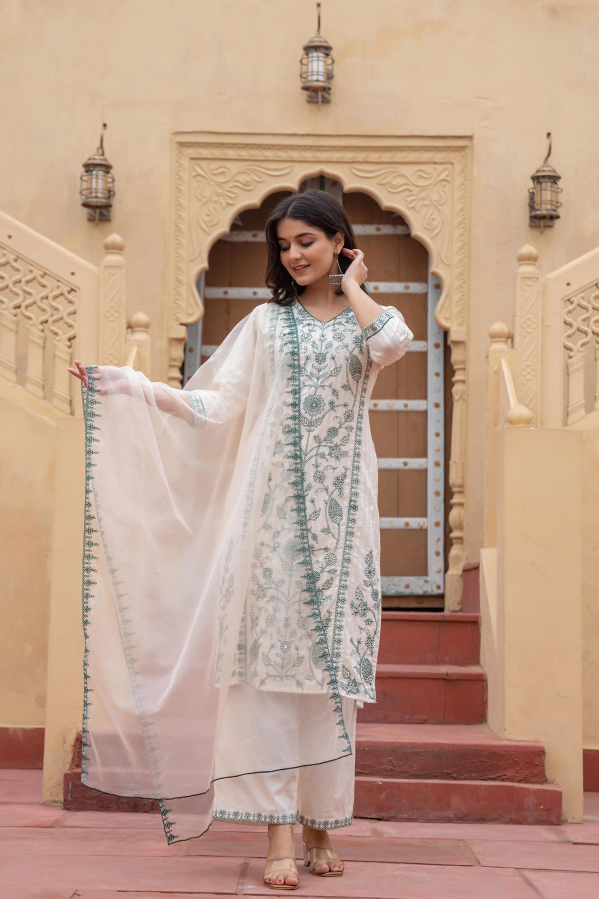 Juniper Off White & Green Floral Embroidered Ethnic Suit Set With Dupatta