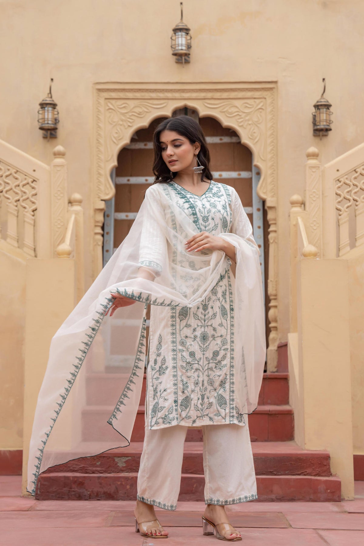 Juniper Off White & Green Floral Embroidered Ethnic Suit Set With Dupatta