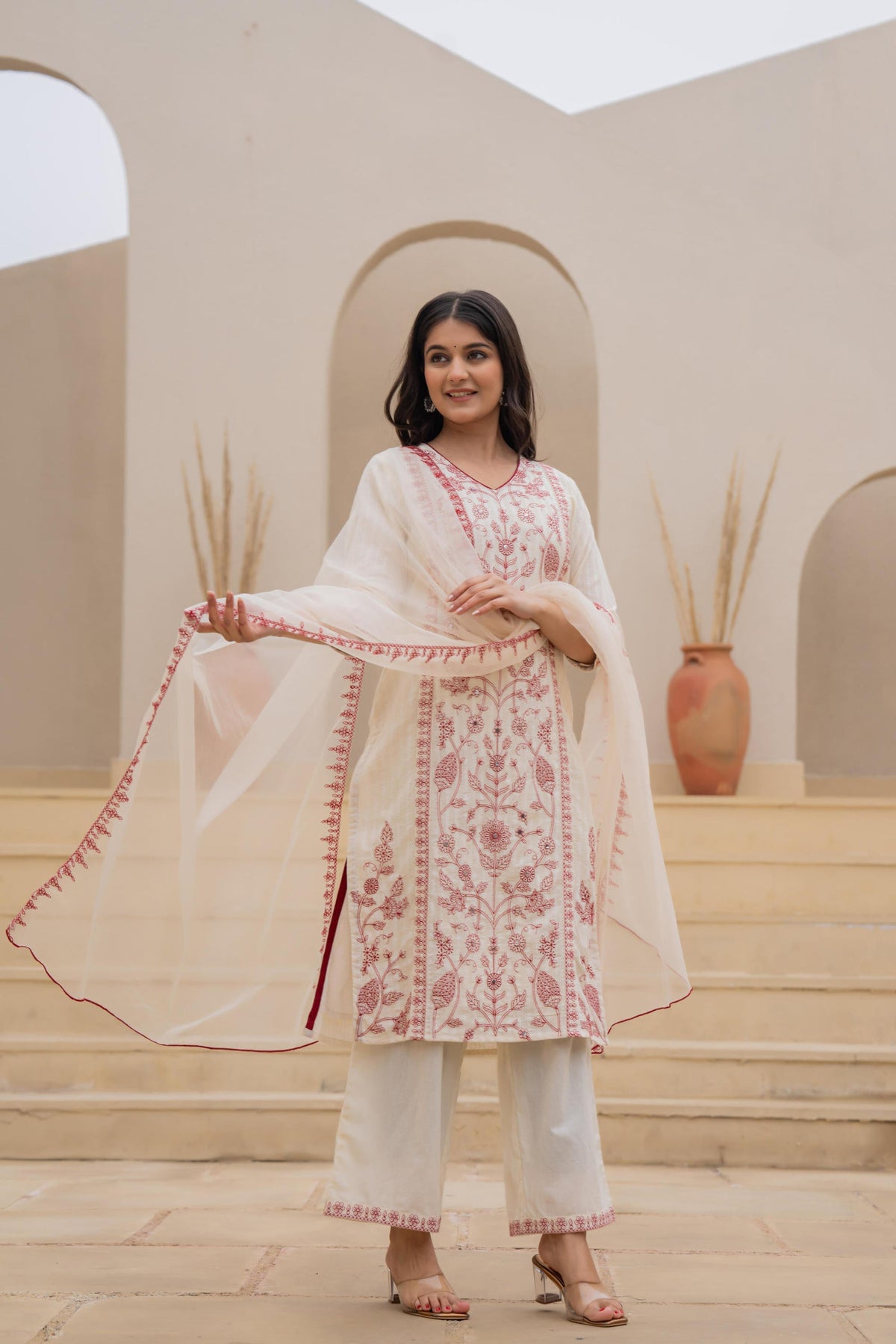 Juniper Off White & Red Floral Embroidered Ethnic Suit Set With Dupatta