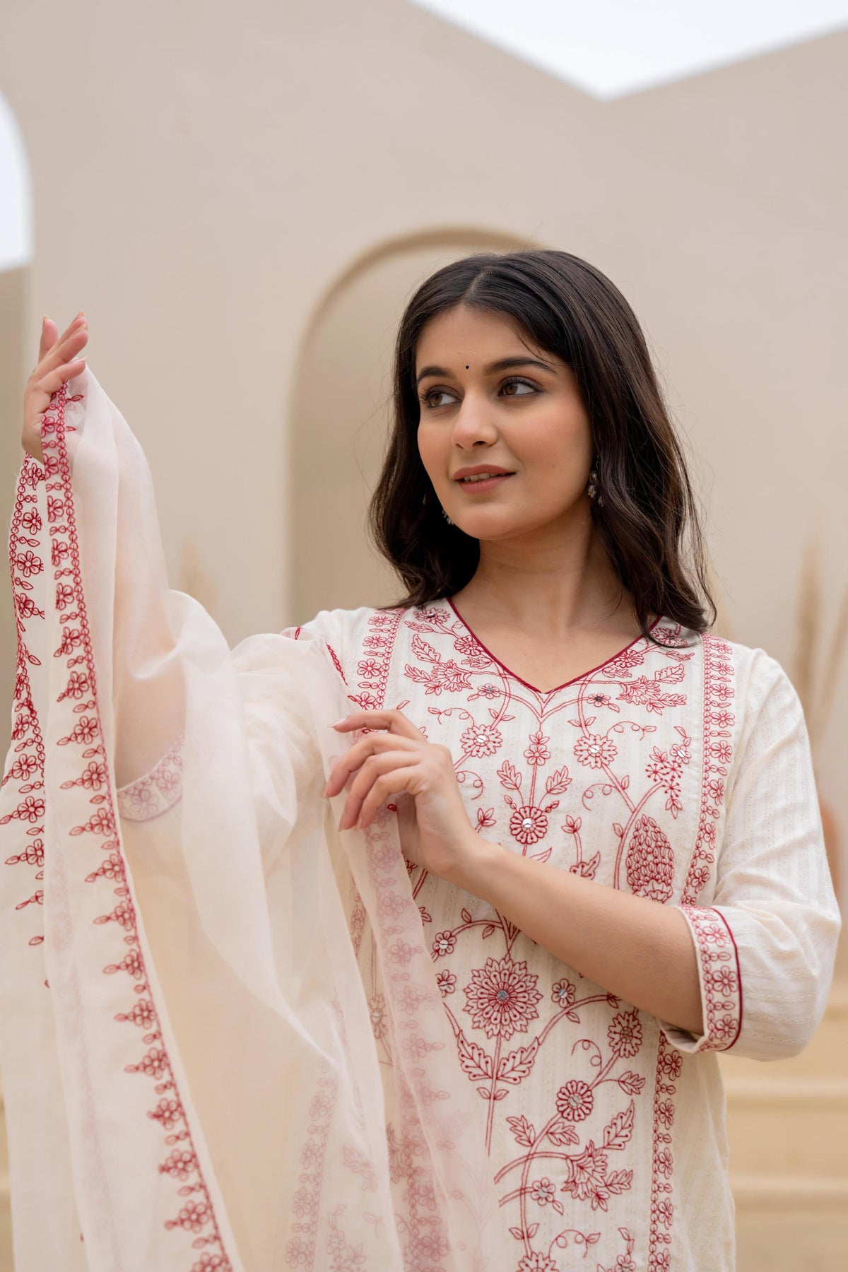 Juniper Off White & Red Floral Embroidered Ethnic Suit Set With Dupatta
