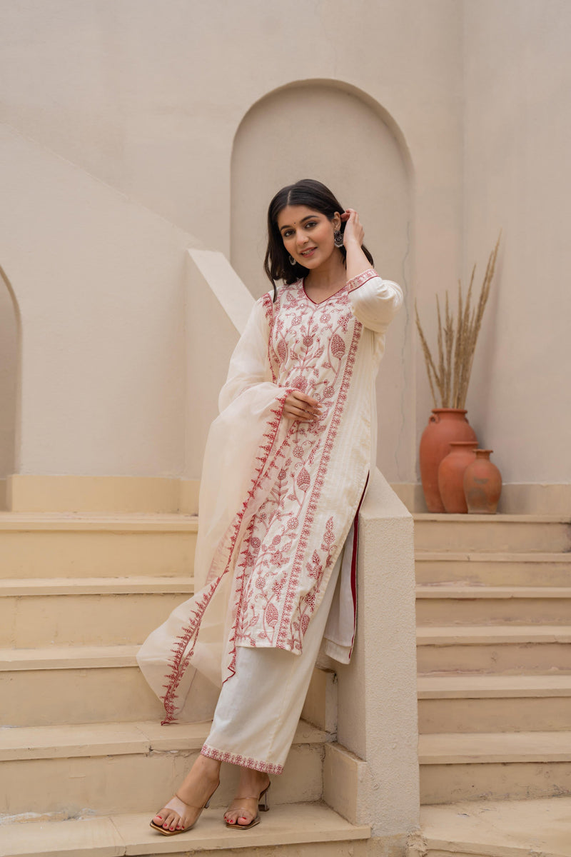 Juniper Off White & Red Floral Embroidered Ethnic Suit Set With Dupatta