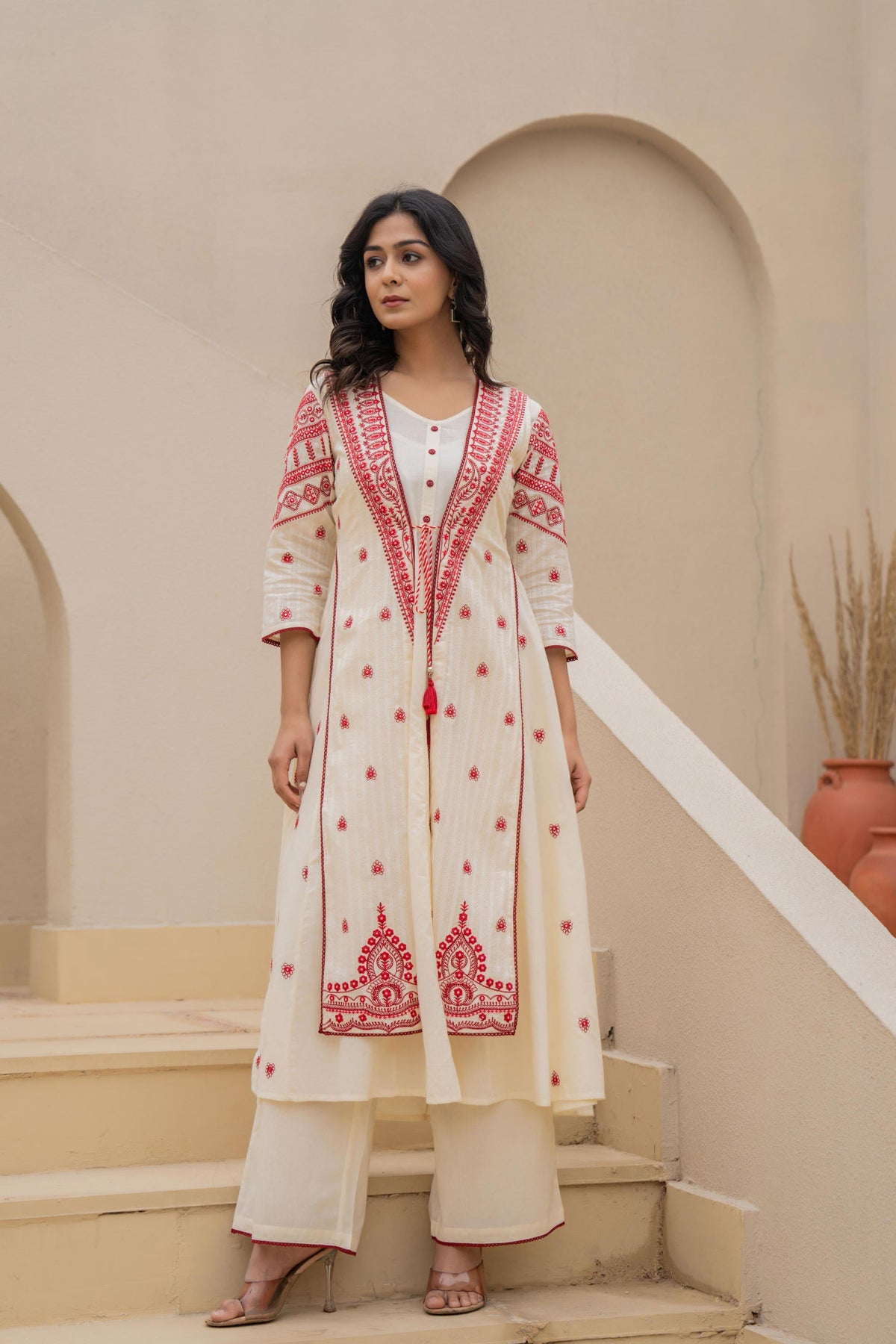 Juniper Off White & Red Solid Cotton Kurta Pant & Shrug With Thread Work