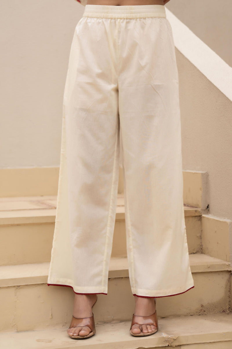 Juniper Off White & Red Solid Cotton Kurta Pant & Shrug With Thread Work