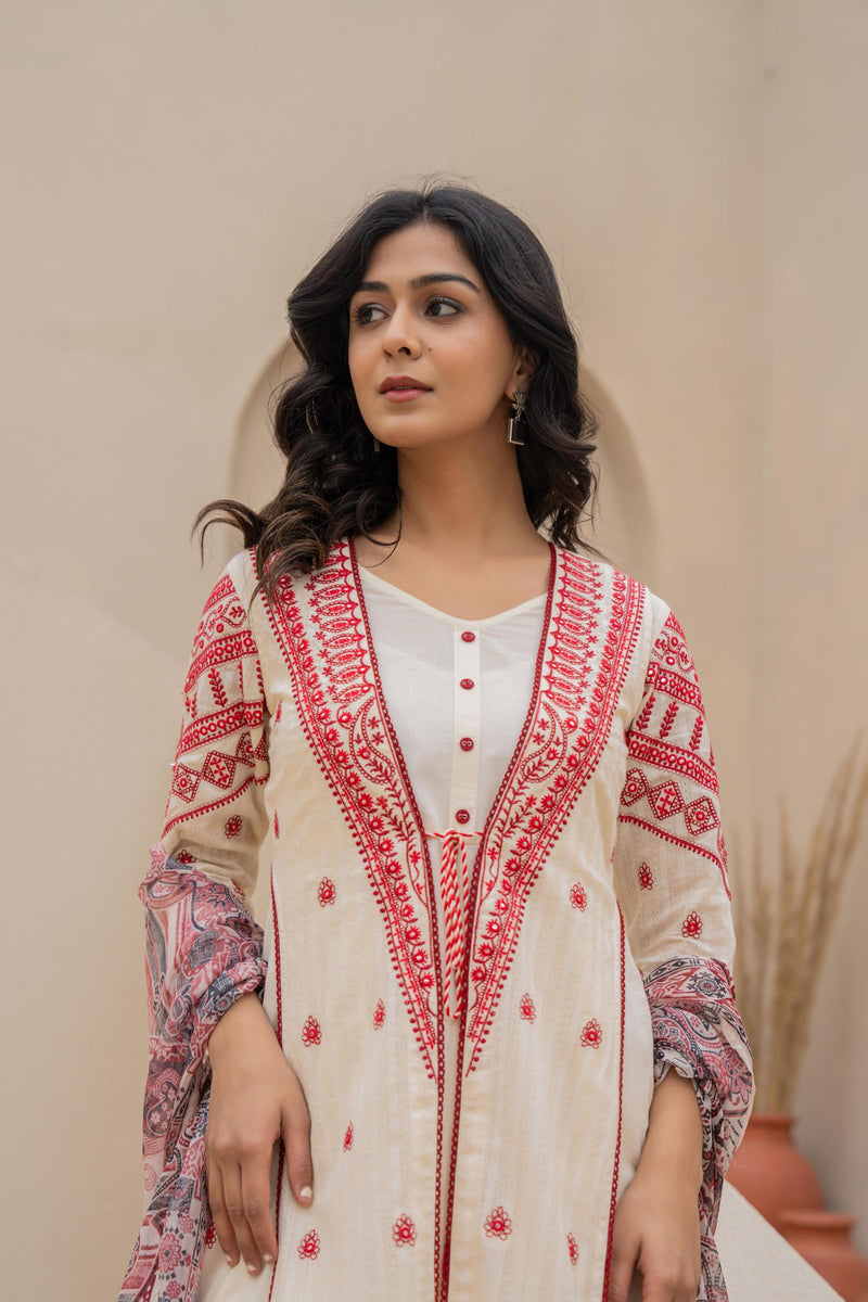 Juniper Off White & Red Solid Cotton Kurta Pant & Shrug With Thread Work