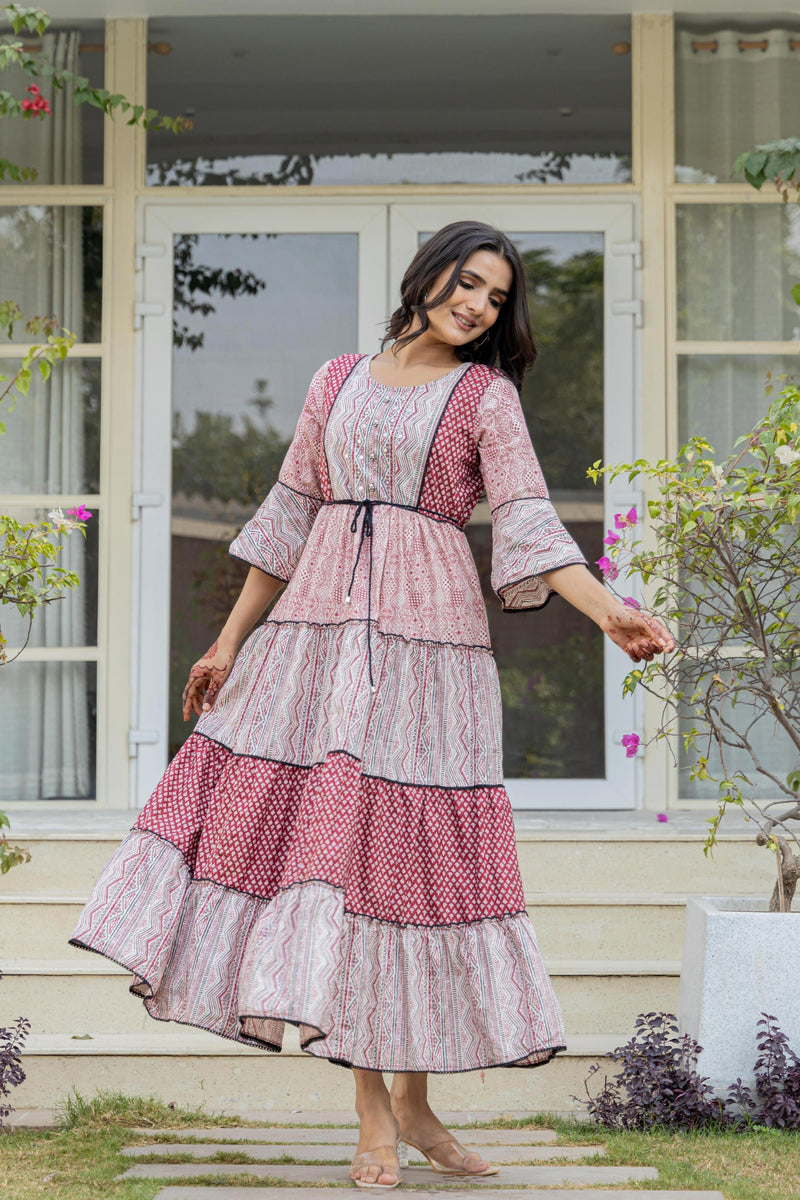 Juniper Red Ethnic Motif Printed Cotton Long Dress With Sequins & Doris