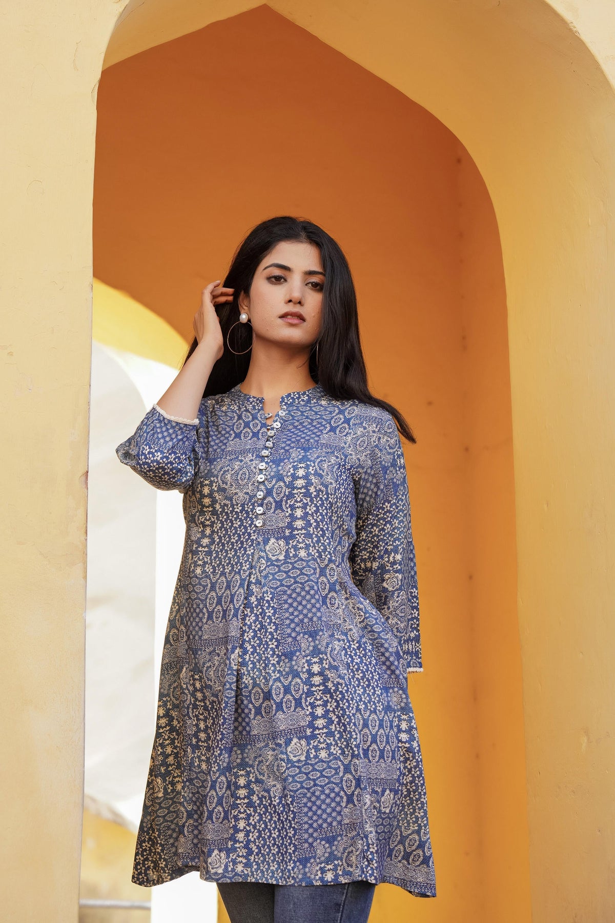Juniper Blue Ethnic Motif Printed Viscose Tunic With Buttons