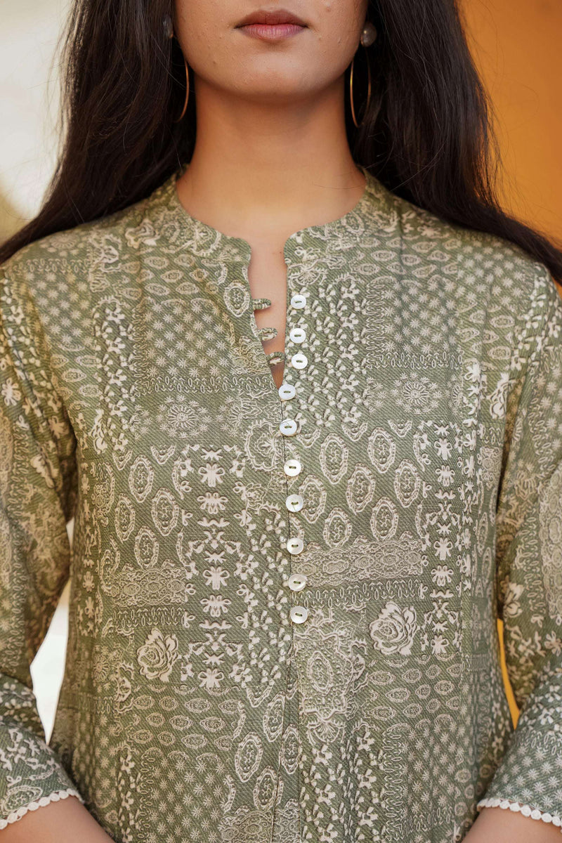Juniper Green Ethnic Motif Printed Viscose Tunic With Buttons