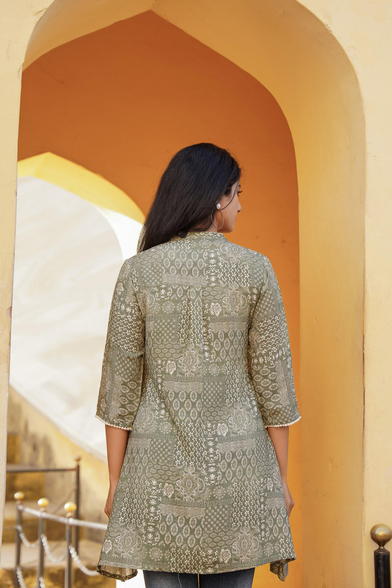 Juniper Green Ethnic Motif Printed Viscose Tunic With Buttons