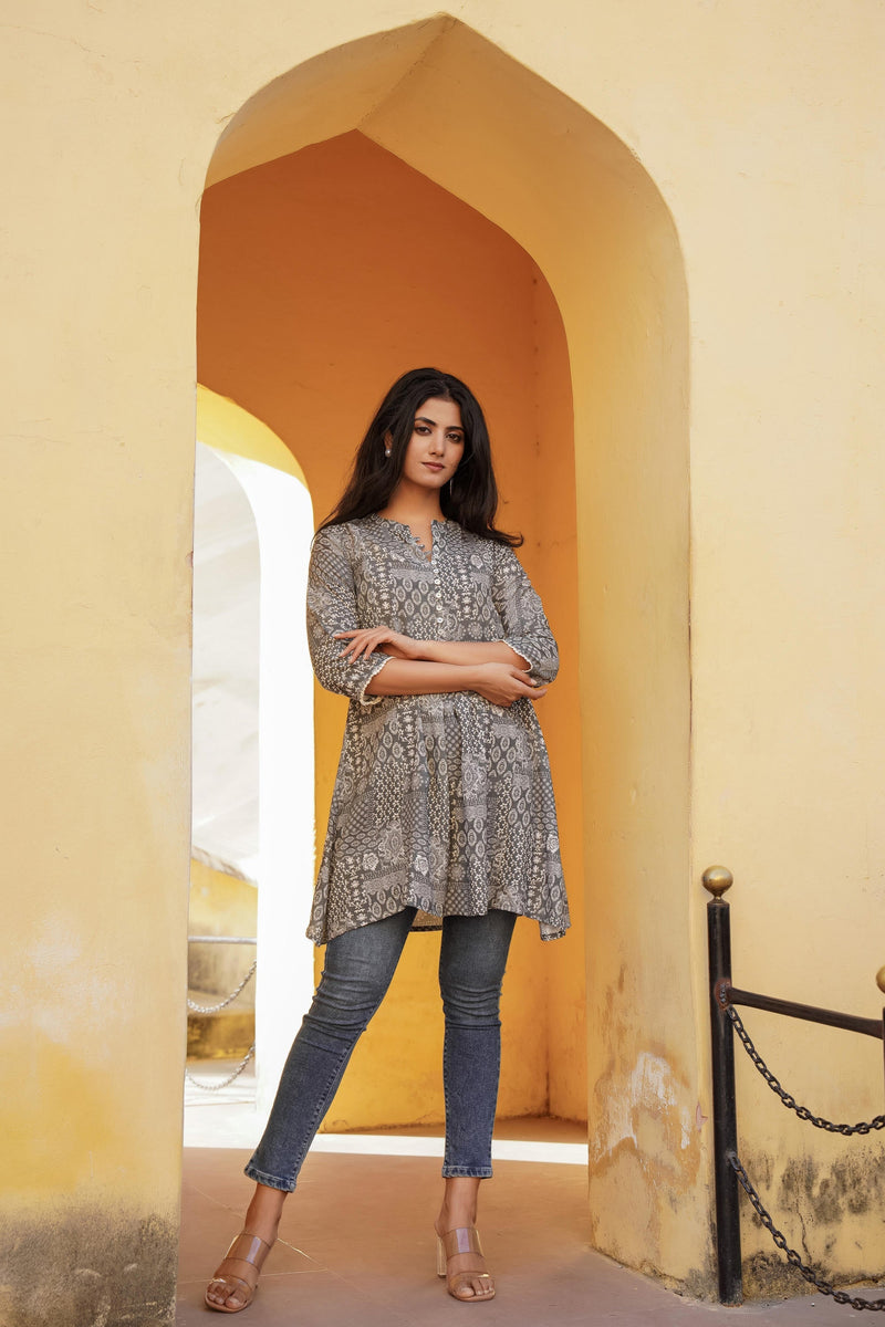 Juniper Grey Ethnic Motif Printed Viscose Tunic With Buttons