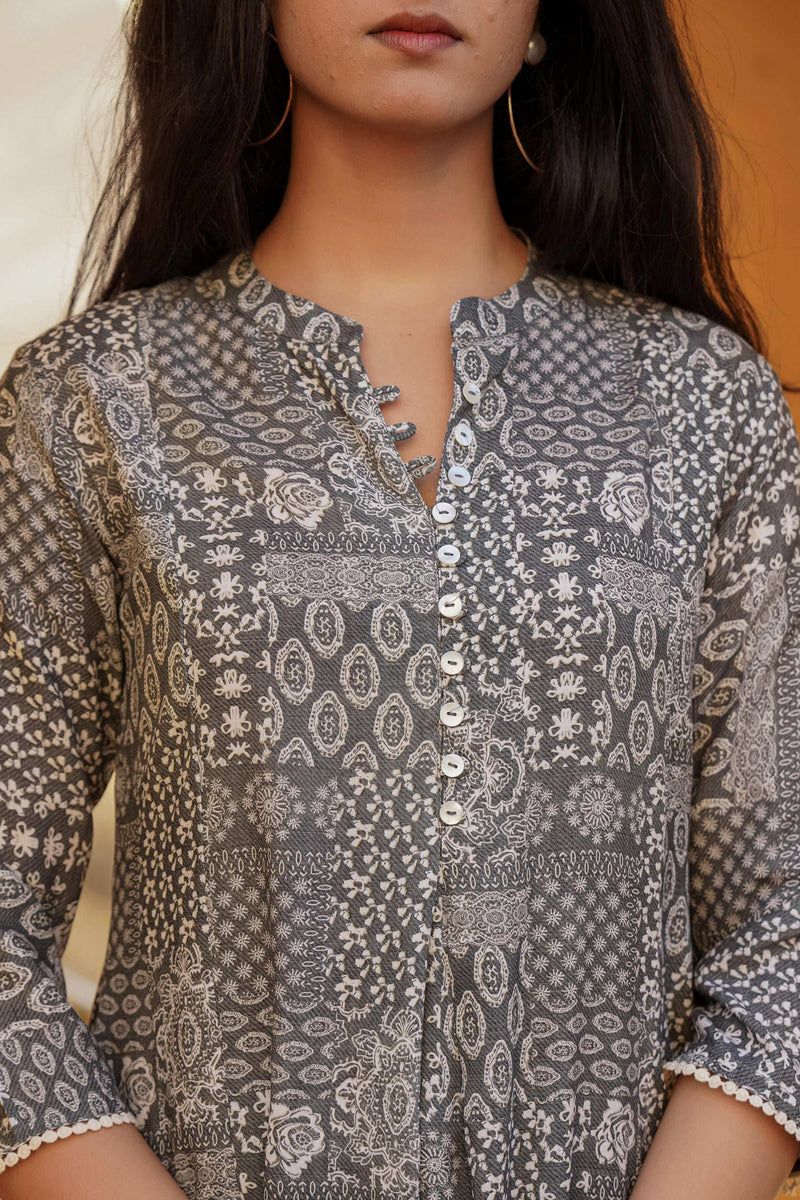 Juniper Grey Ethnic Motif Printed Viscose Tunic With Buttons