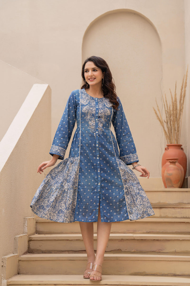Juniper Blue Printed Cotton Dress With Lace & Buttons