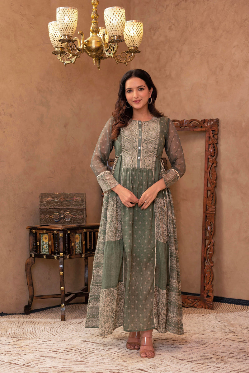 Juniper Green Floral Embroidered Cotton Dress With Tassels & Denim Look