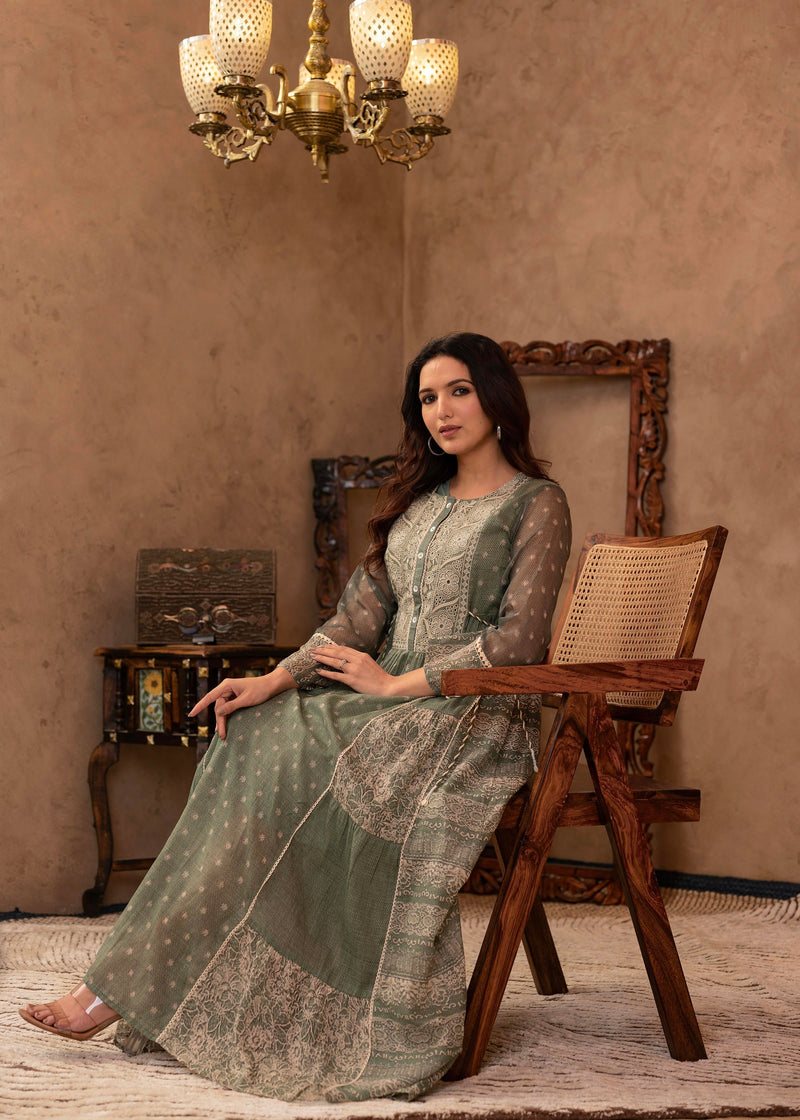 Juniper Green Floral Embroidered Cotton Dress With Tassels & Denim Look