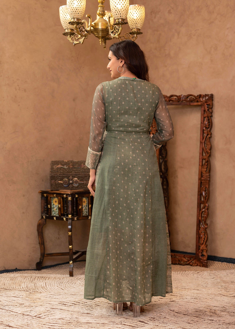 Juniper Green Floral Embroidered Cotton Dress With Tassels & Denim Look