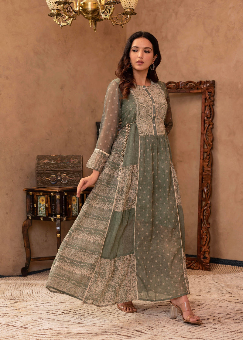 Juniper Green Floral Embroidered Cotton Dress With Tassels & Denim Look