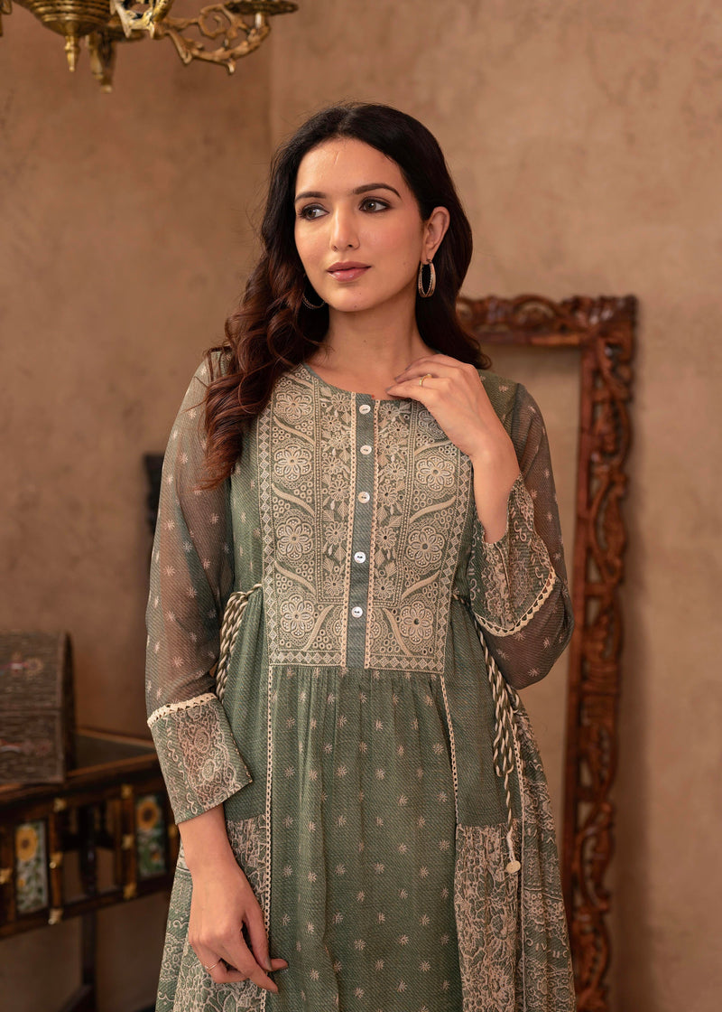 Juniper Green Floral Embroidered Cotton Dress With Tassels & Denim Look