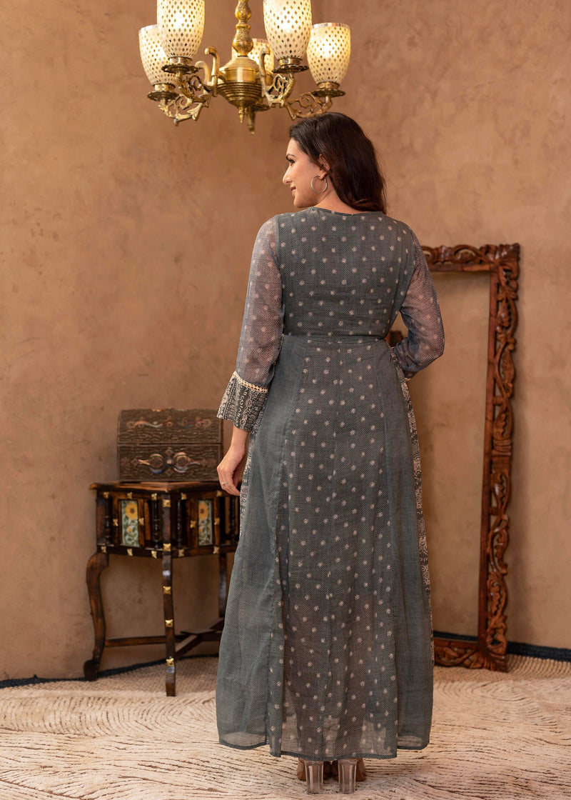 Juniper Grey Floral Embroidered Cotton Dress With Tassels & Denim Look