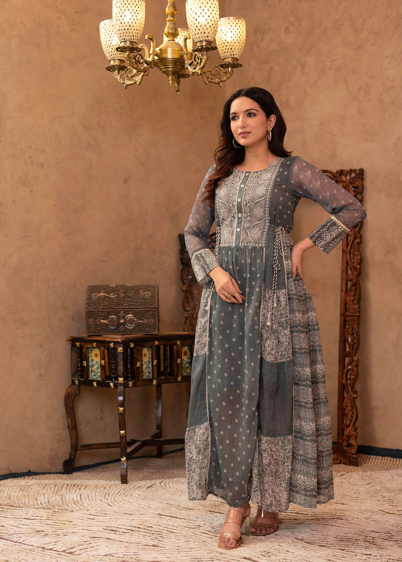 Juniper Grey Floral Embroidered Cotton Dress With Tassels & Denim Look