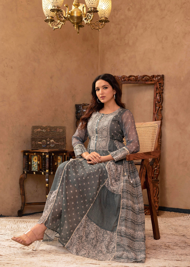 Juniper Grey Floral Embroidered Cotton Dress With Tassels & Denim Look