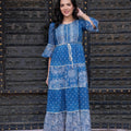 Juniper Blue Floral Printed Cotton Dress With Dori, Cotton Lace & Bead Work