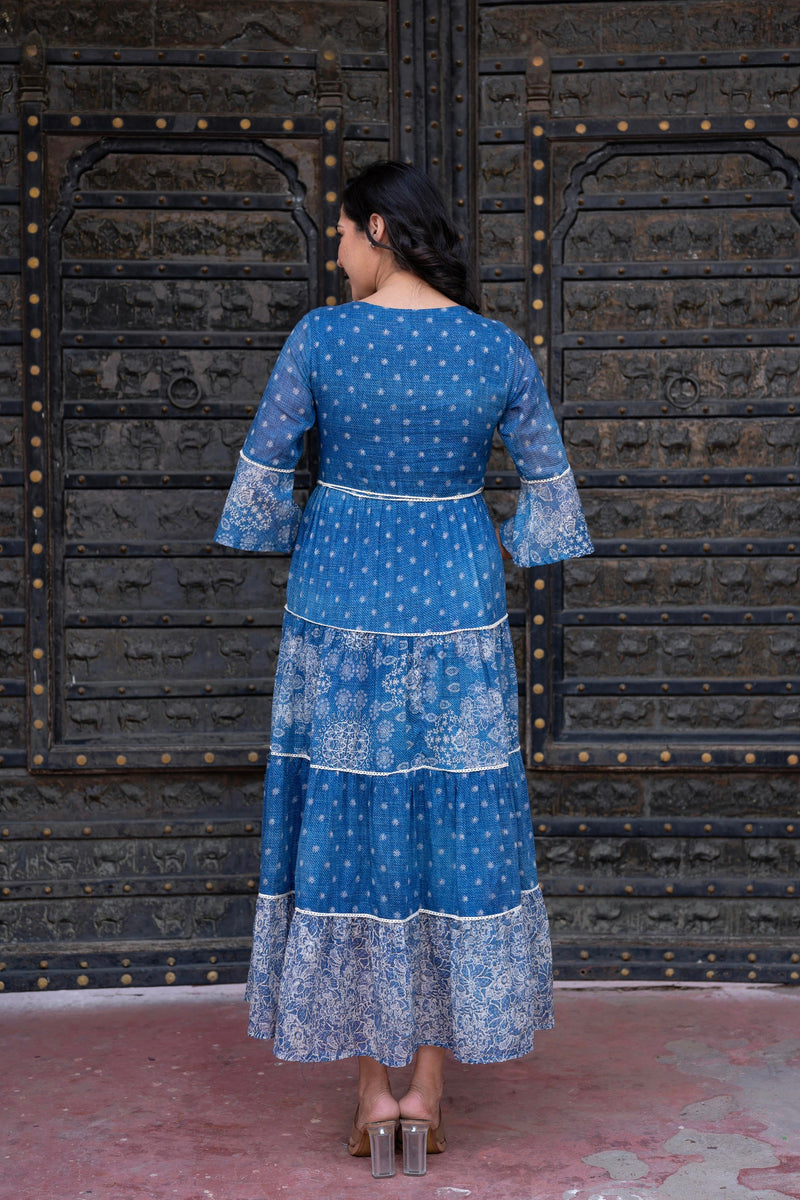 Juniper Blue Floral Printed Cotton Dress With Dori, Cotton Lace & Bead Work
