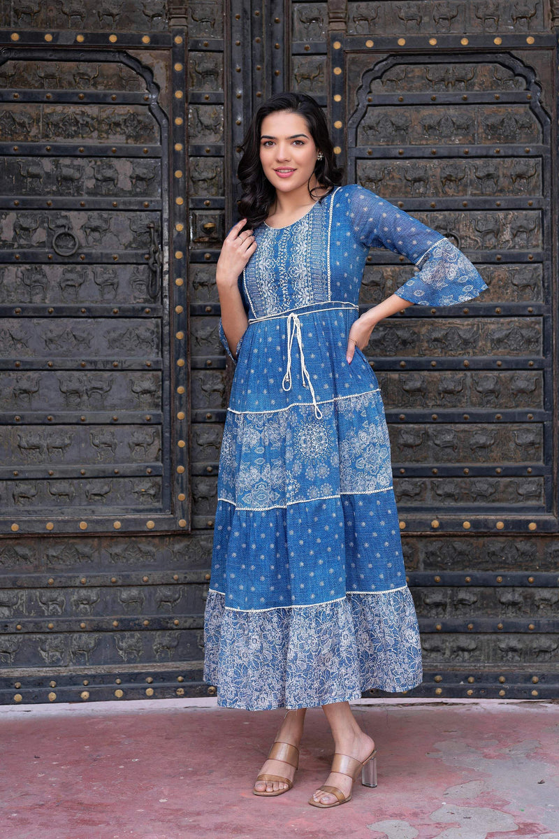 Juniper Blue Floral Printed Cotton Dress With Dori, Cotton Lace & Bead Work