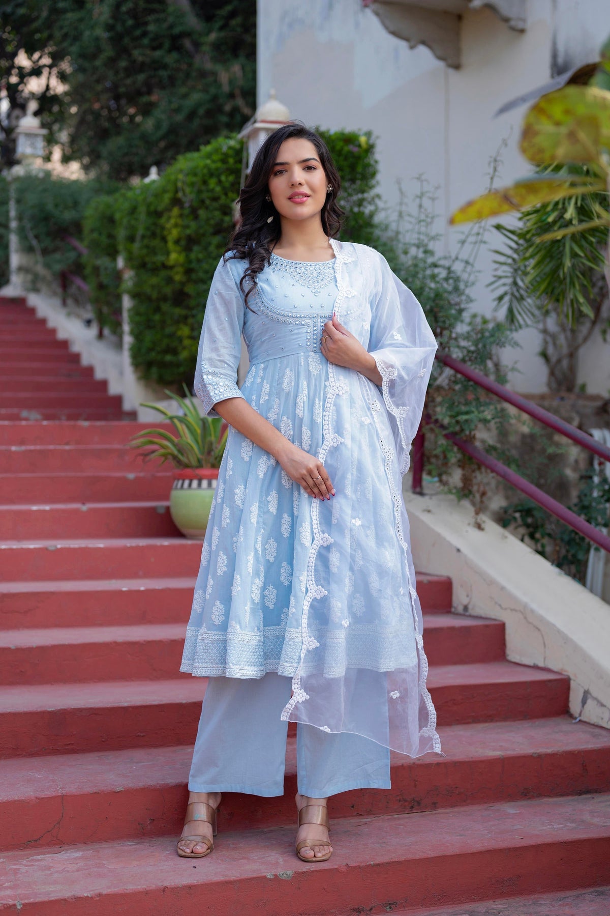 Juniper Sky Blue Cotton Mirror Embroidered Kurta With Palazzo & Organza Dupatta