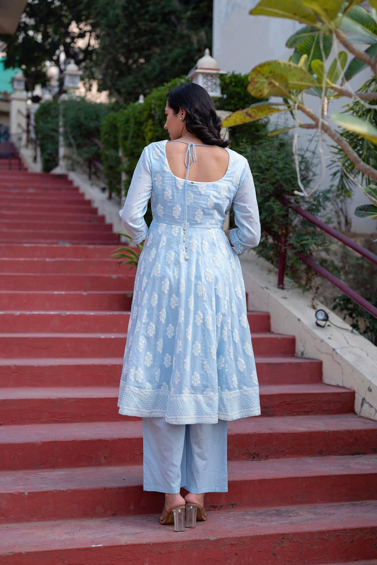 Juniper Sky Blue Cotton Mirror Embroidered Kurta With Palazzo & Organza Dupatta