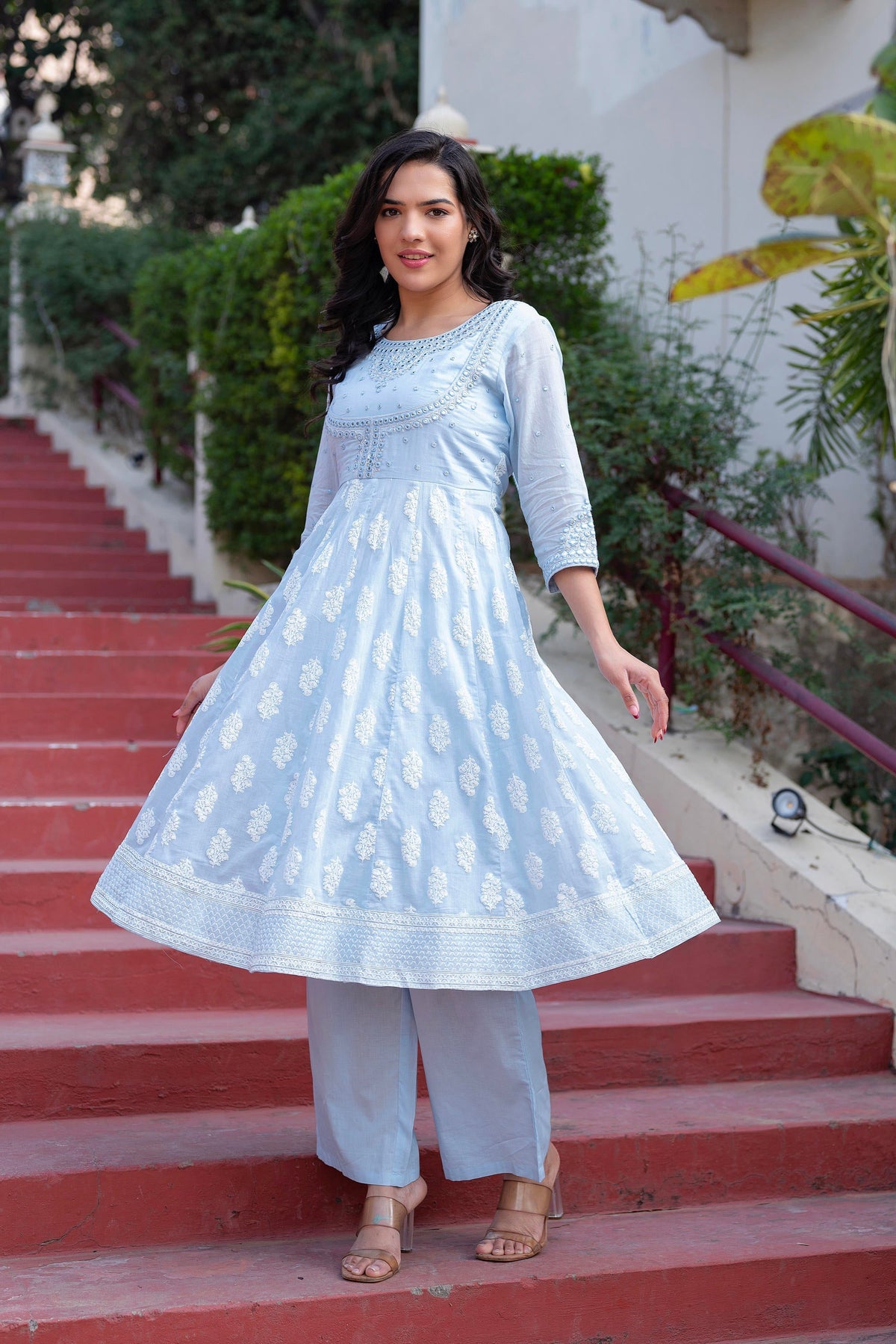 Juniper Sky Blue Cotton Mirror Embroidered Kurta With Palazzo & Organza Dupatta
