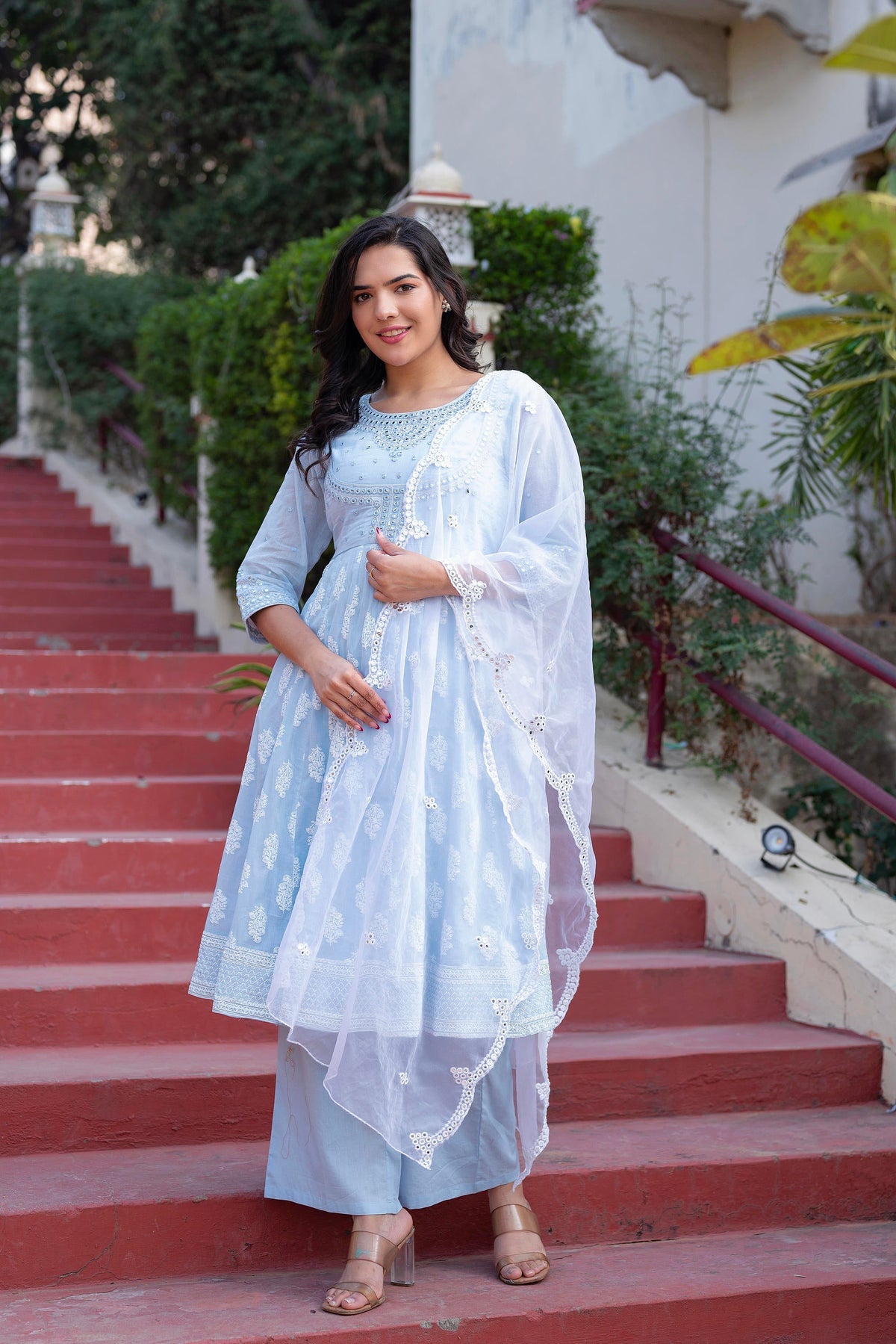 Juniper Sky Blue Cotton Mirror Embroidered Kurta With Palazzo & Organza Dupatta