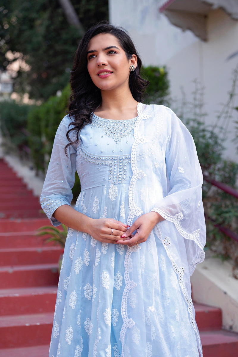 Juniper Sky Blue Cotton Mirror Embroidered Kurta With Palazzo & Organza Dupatta