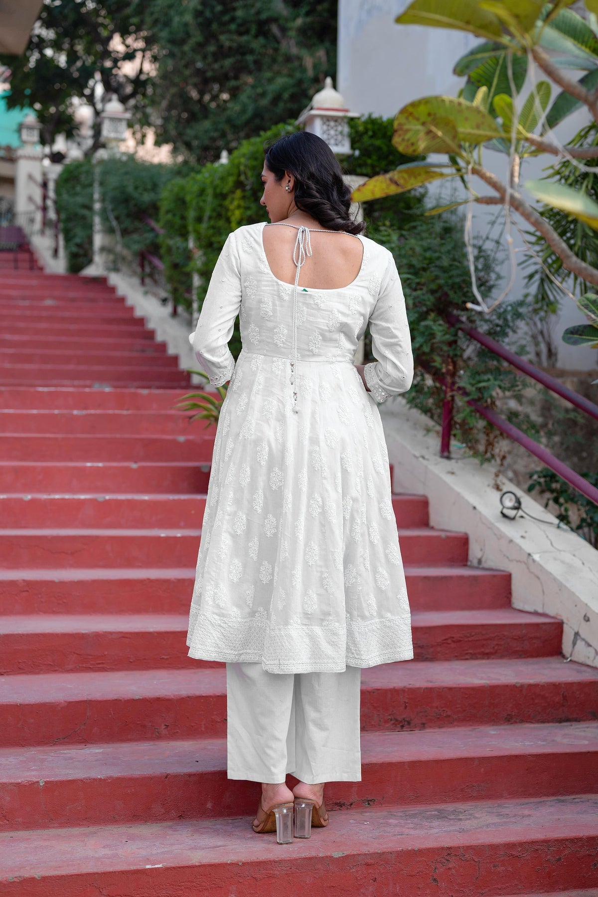 Juniper White Cotton Mirror Embroidered Kurta With Palazzo & Organza Dupatta
