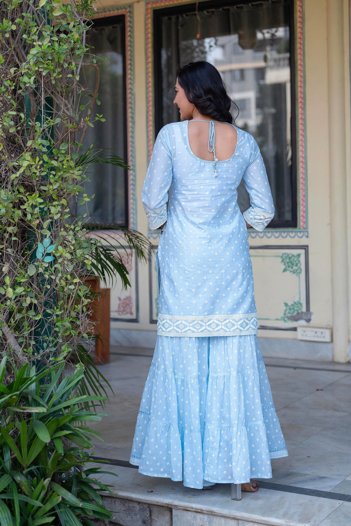 Juniper Sky Blue Cotton Mughal Printed Kurta With Gharara, Organza Dupatta, Mirror Work & Puff Print