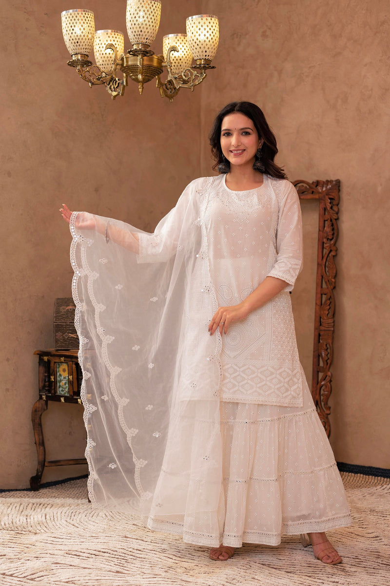 Juniper White Cotton Mughal Printed Kurta With Gharara, Organza Dupatta, Mirror Work & Puff Print