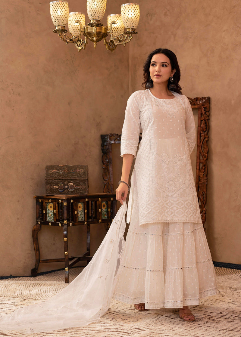 Juniper White Cotton Mughal Printed Kurta With Gharara, Organza Dupatta, Mirror Work & Puff Print