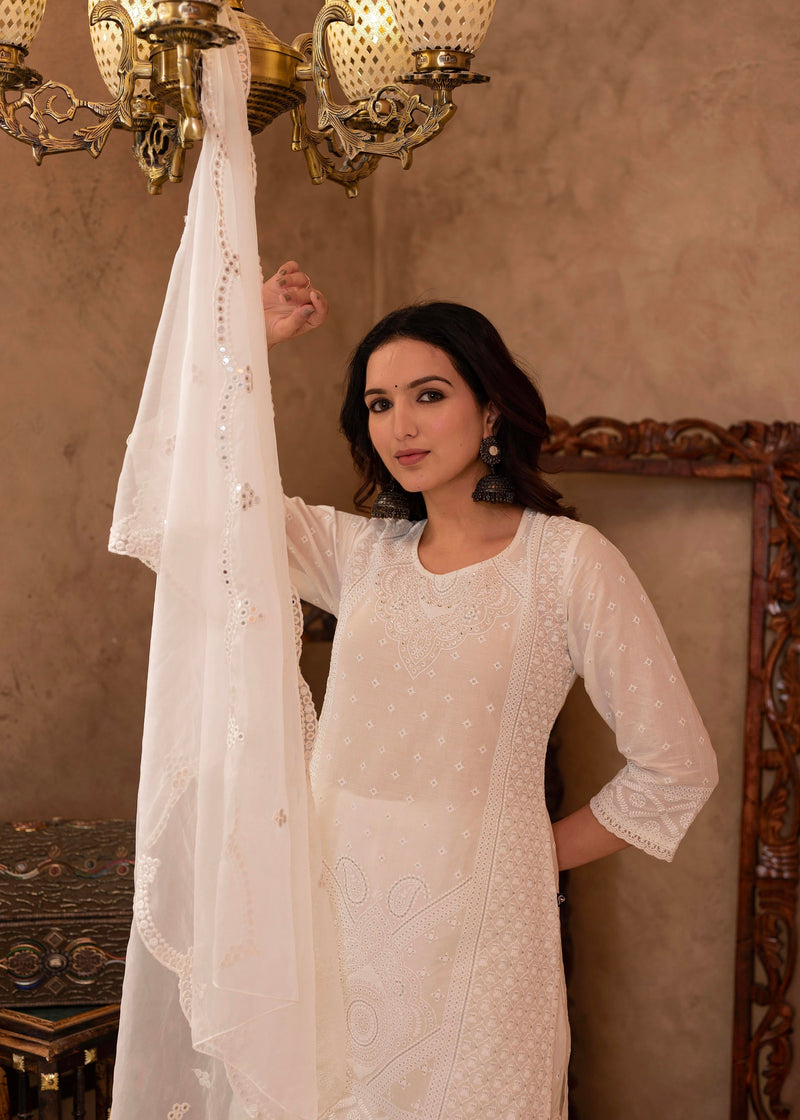 Juniper White Cotton Mughal Printed Kurta With Gharara, Organza Dupatta, Mirror Work & Puff Print