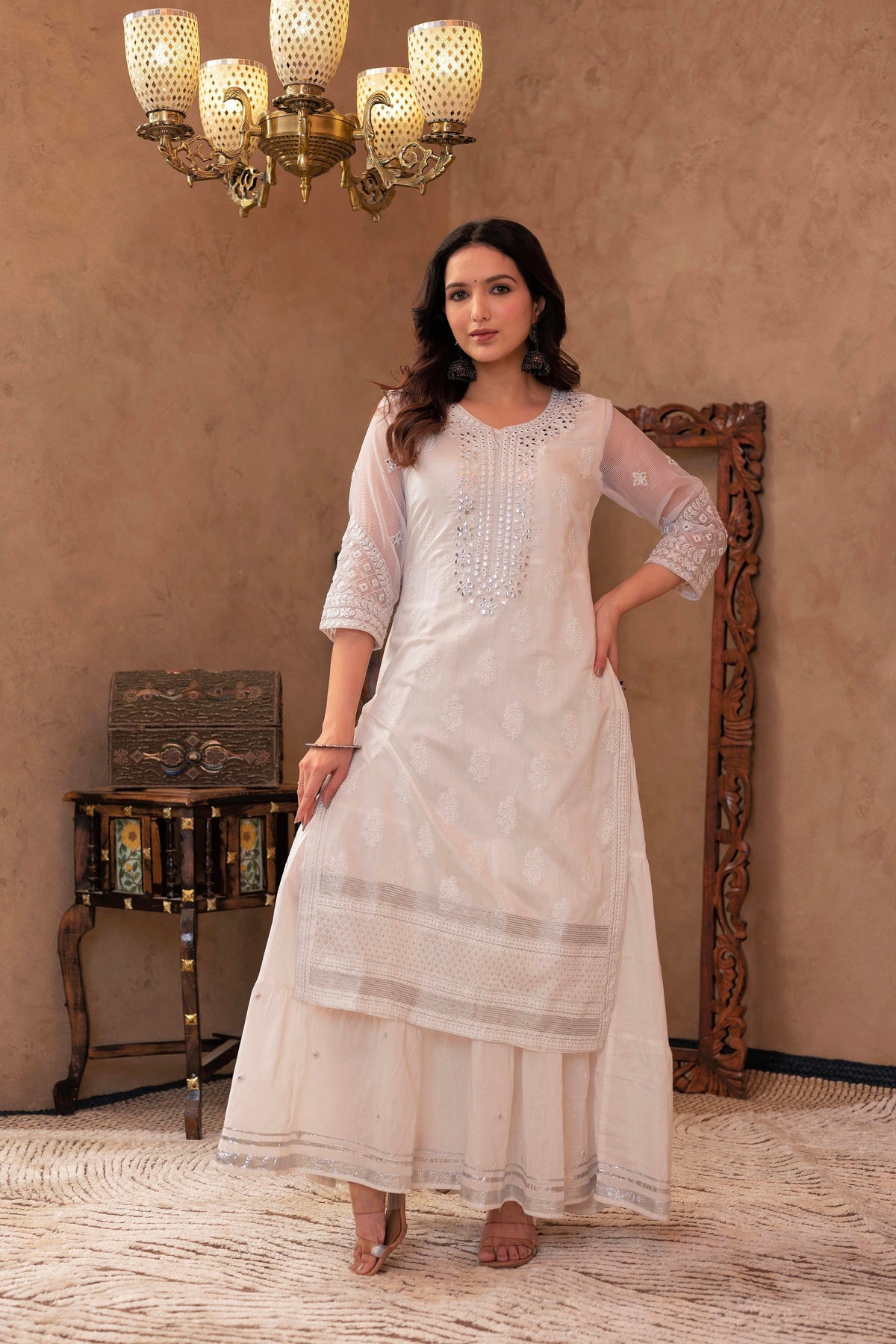 Juniper White Chanderi Mirror Embroidered Kurta With Gota Lace & Glitter Work